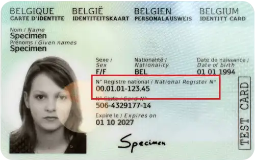 Carte d'identité belge : le numéro de registre national est encadré au centre.